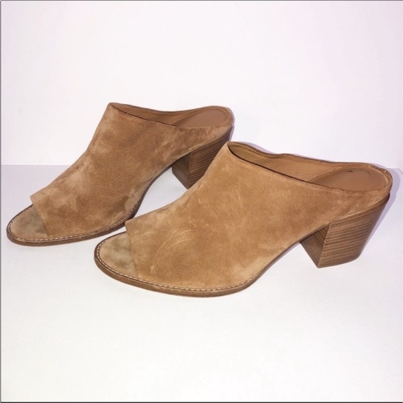Vince Vero Cuoio Camel Suede Leather Open Toe Stacked Block Heel Mule Sz10 NWOB - Picture 1 of 10